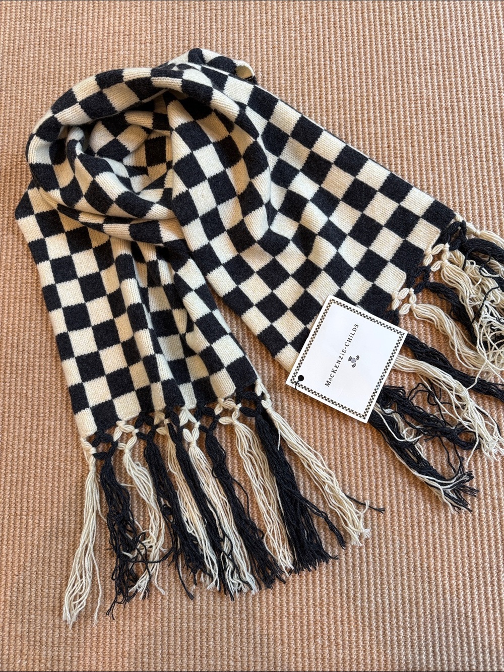 NWT Mackenzie-Childs Courtly Check Black & Cream Checked Soft Lambswool Scarf